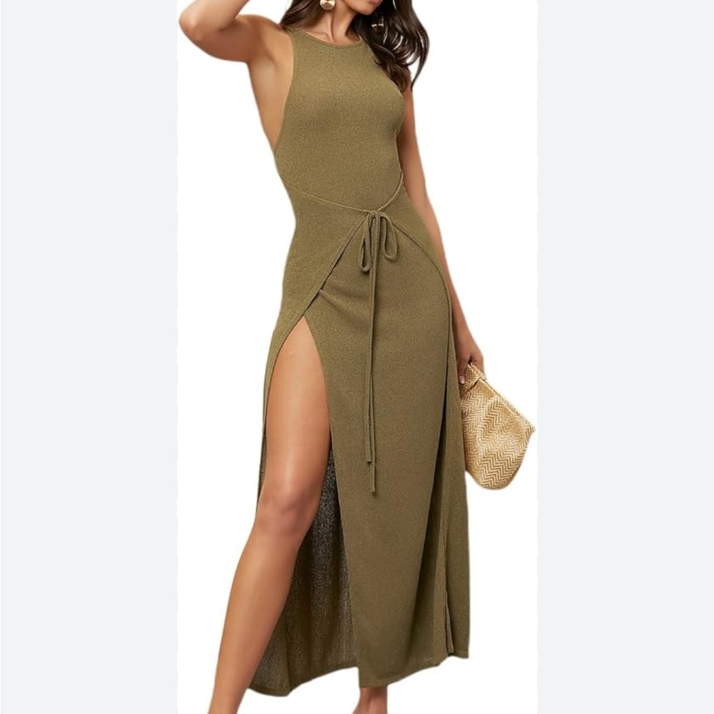 Olive green double slit maxi dress